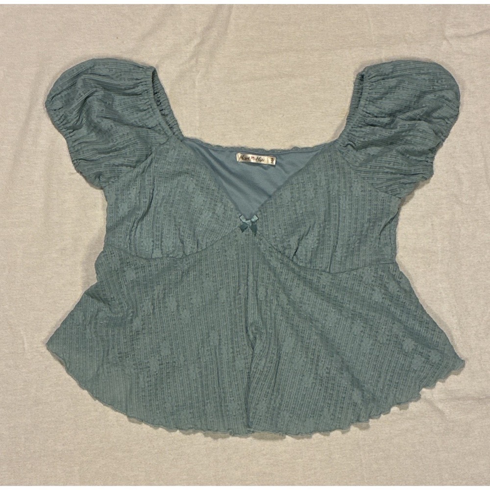 Women's Top‎ XL Green Baby doll Puff Sleeve V-Neck Bow Pastel Milkmaid Coquette
